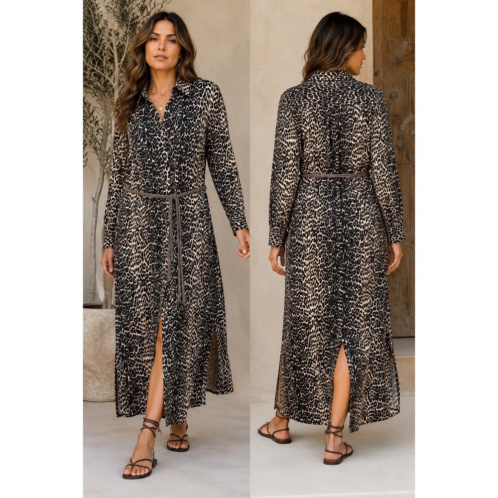 All Saints Anya Feline Shirt Dress M Black Leopard Print Midi Button Front Slits